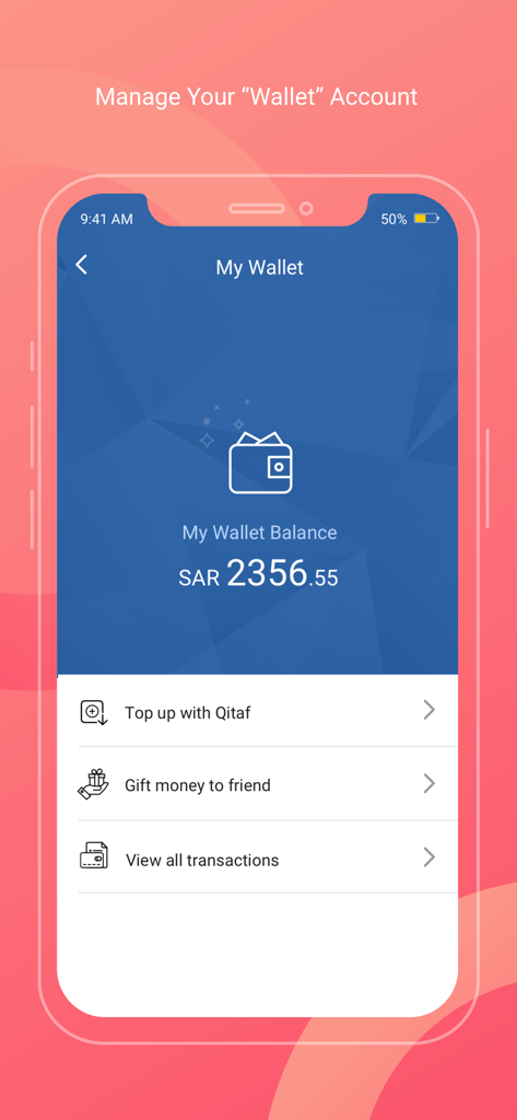 Flyin.com mobile app My Wallet screen displaying account balance in Saudi Riyal and options to top up with Qitaf.