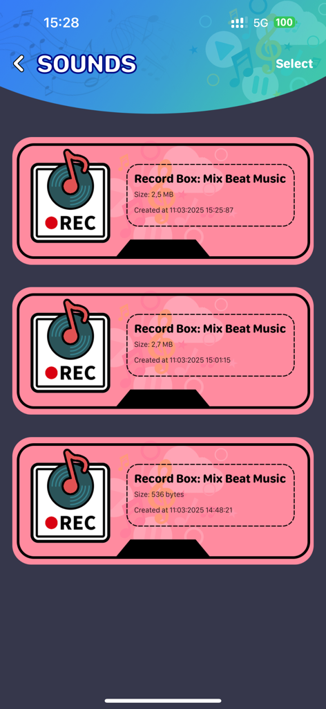 Record Box: Mix Beat Music - A list of recorded music tracks in the Record Box Mix Beat Music app showing file details and creation dates