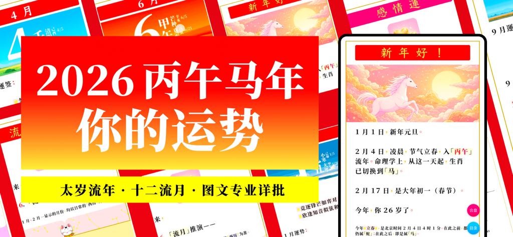 查八字® - AI算命易经占卜 - Cha Bazi app showing 2026 Year of the Horse fortune prediction and AI report