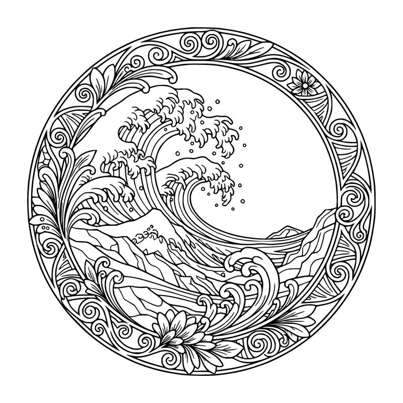 circular image, traditional japanese style, ocean with large waves crashing against the shore-line