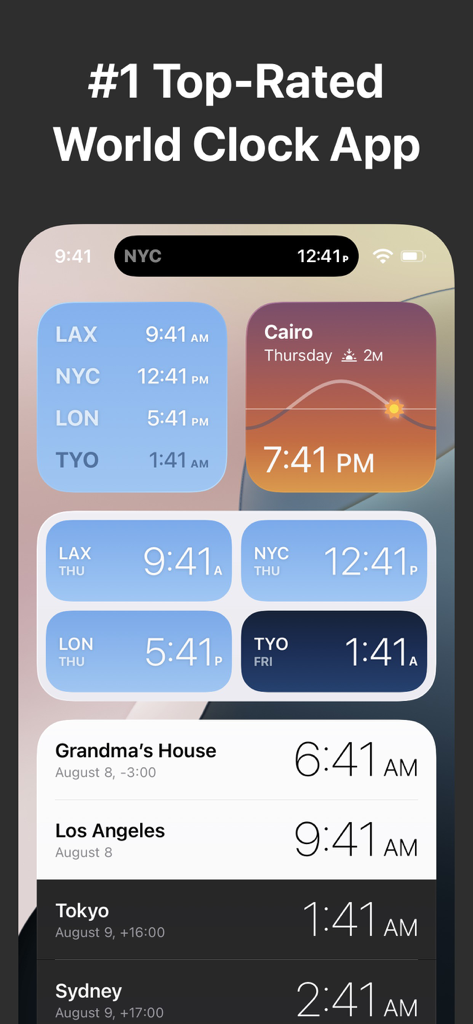 iPhone home screen showing various world clock widgets and Dynamic Island time display