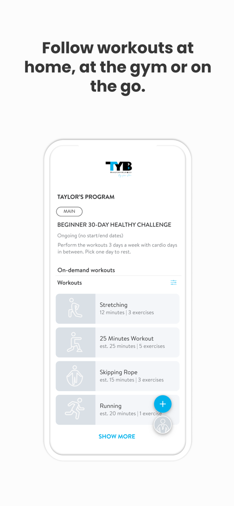 TYB by Yasir Khan - TYB by Yasir Khan app showing a list of on-demand fitness workouts and challenges