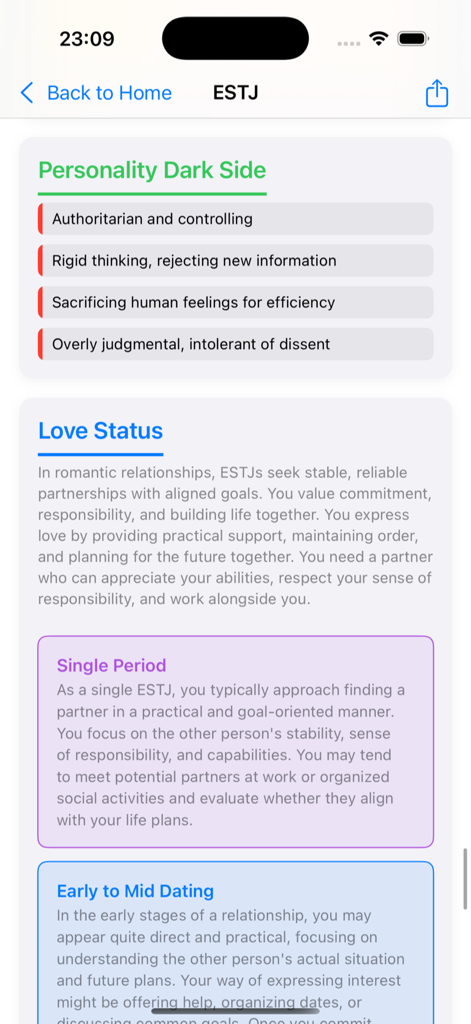 A screenshot of the HoopMBTI app showing an ESTJ personality profile with detailed sections on the dark side of their personality and romantic compatibility status