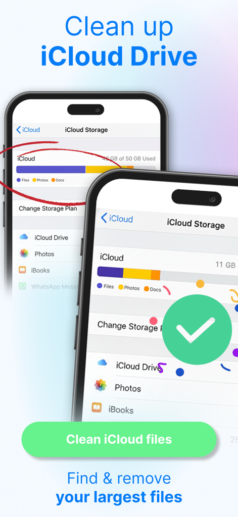CleanBot AI: Storage Cleaner - Captura de pantalla de la app CleanBot AI mostrando la función de limpieza de iCloud Drive para eliminar archivos grandes