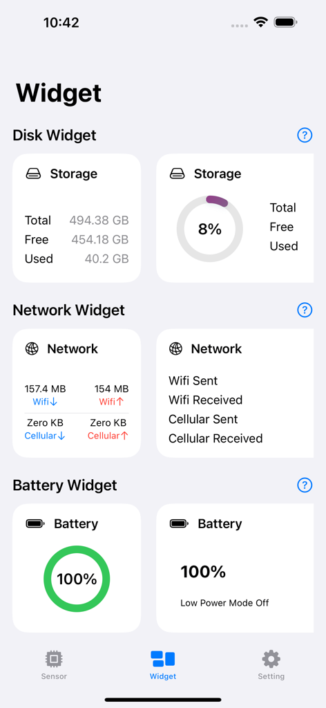 Interface de l'application Sensor Device Monitor affichant des widgets système pour le stockage, le réseau et l'état de la batterie