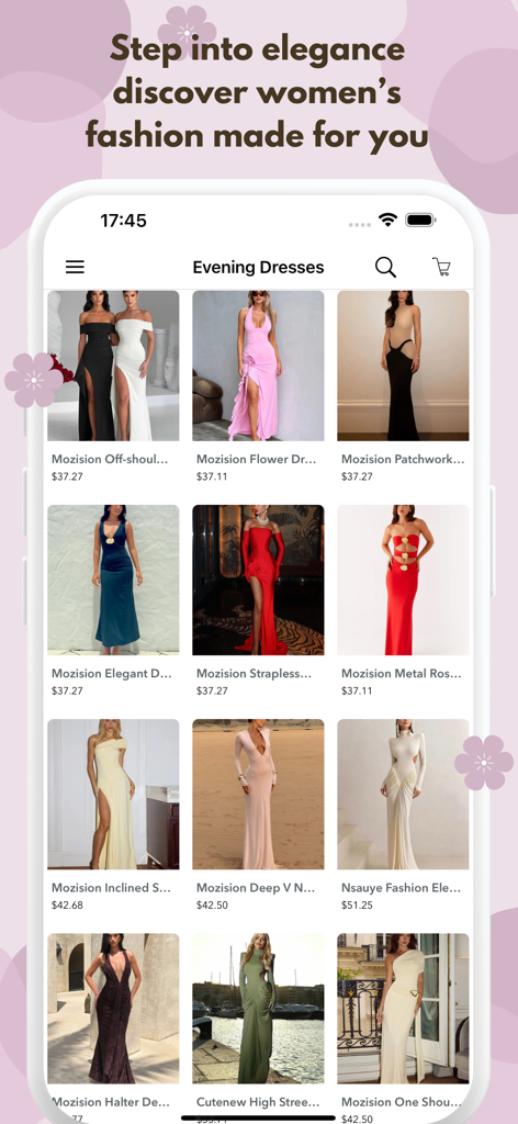 A mobile interface of the Women Clothing Shopping Online app displaying a collection of elegant evening dresses with prices.