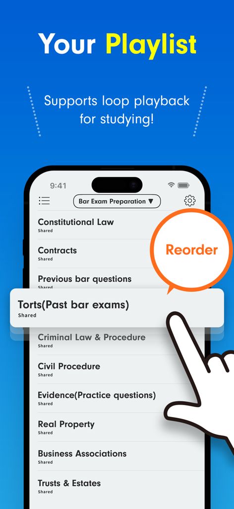 A smartphone showing the Voicepaper app playlist screen with law study materials and a hand demonstrating the reorder feature
