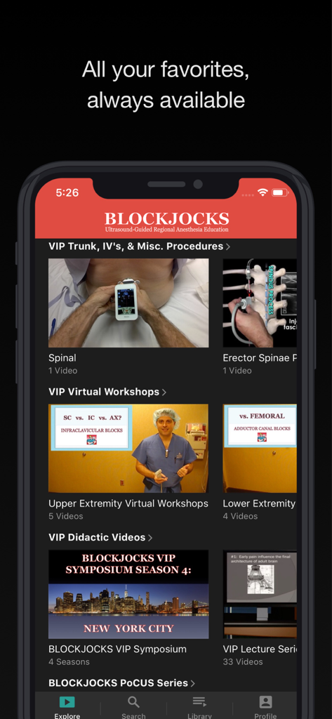 BLOCKJOCKS - Smartphone-Bildschirm, der die Video-Bibliothek der BLOCKJOCKS-App für ultraschallgeführte Regionalanästhesie anzeigt