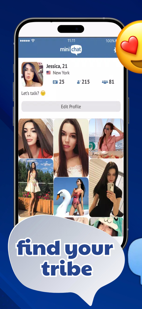 Minichat:FoodPrepFlow - A user profile screen on the Minichat app with a photo gallery and the text find your tribe.