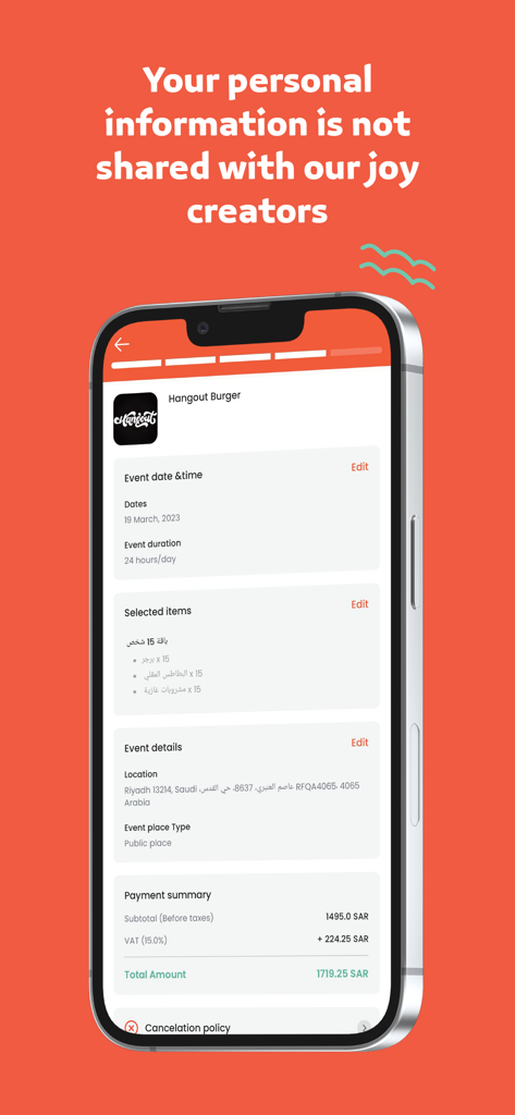 A mobile screen showing an event booking summary for a catering order with date, location, and total price details.