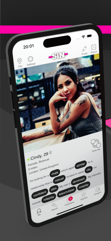 A profile screen on the SiN alternative dating app displaying user details and lifestyle interest tags like roleplay and cosplay.