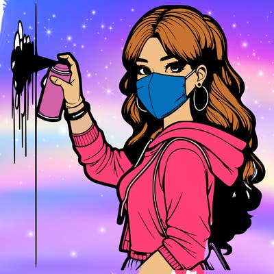 realistic girl with mask spray painting a wall