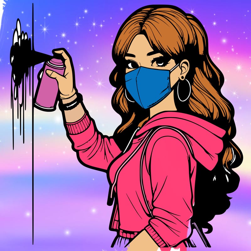 realistic girl with mask spray painting a wall