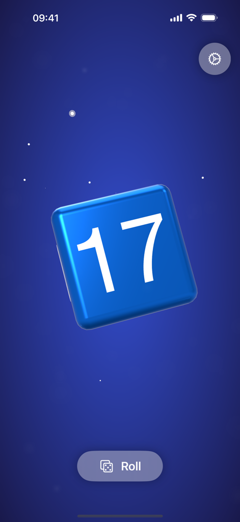 Rando for Random Numbers - A 3D blue die showing the number 17 in the Rando app interface