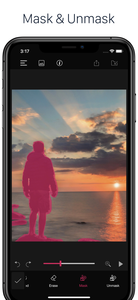 PixaMotion 3d Photo Video Loop - A person standing by the sea at sunset with a pink mask applied using the PixaMotion mask and unmask tool