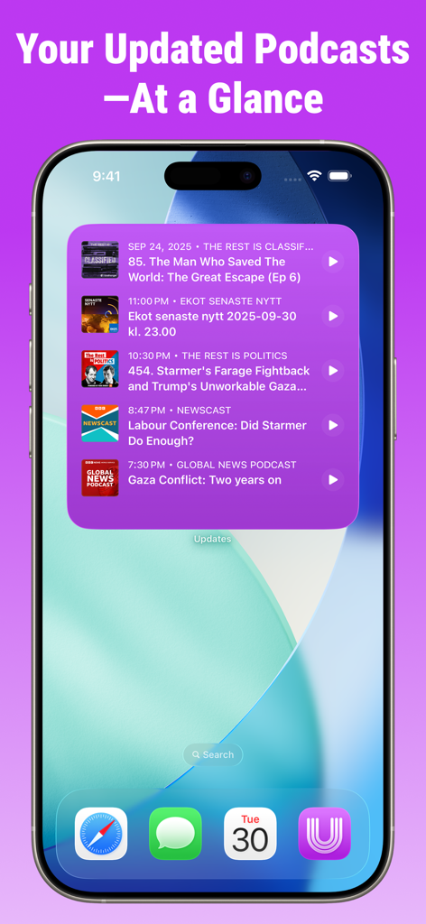 Podcast App: Updates - Pantalla de inicio de iPhone que muestra un widget con una lista de episodios de podcast actualizados de la aplicación de podcast