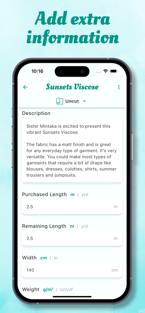 Screen showing detailed fabric information including length and description in the Stash Hub app.