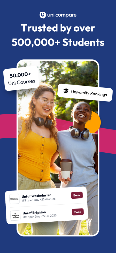 Two students smiling with Uni Compare app interface showing university rankings and course search features