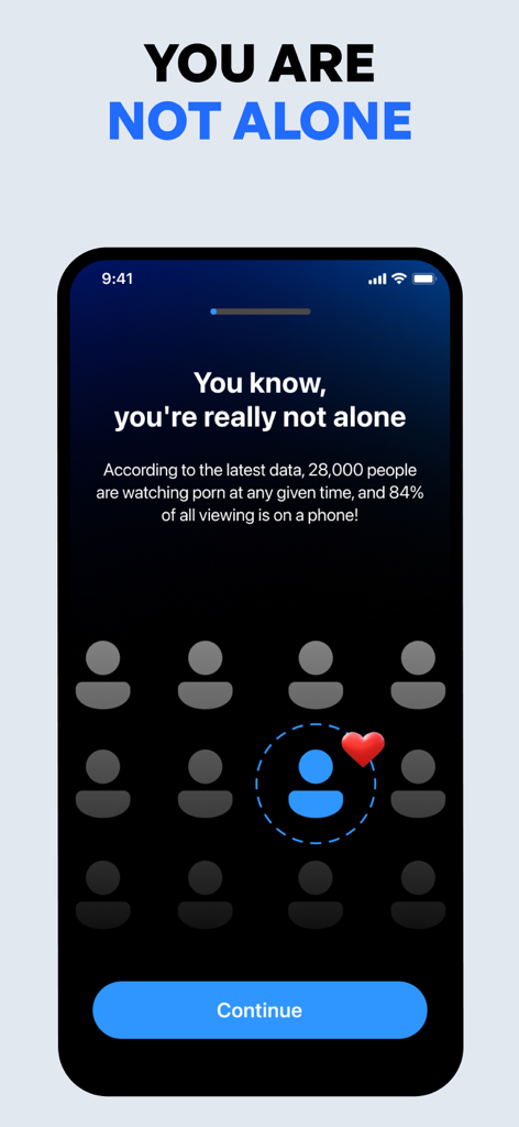 xBlock - Porn Blocker | No Nut - xBlock App-Bildschirm mit Pornokonsumdaten und einer Support-Nachricht: Sie sind nicht allein