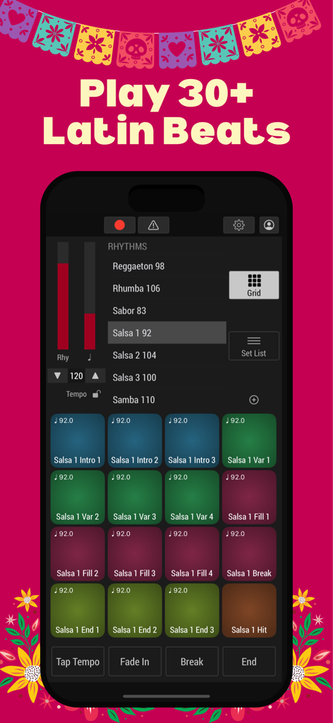 Latin Beats: Drum Pad Machine - The Latin Beats app interface showing a smartphone with a grid of drum pads for salsa rhythms and a list of musical styles like reggaeton and mambo