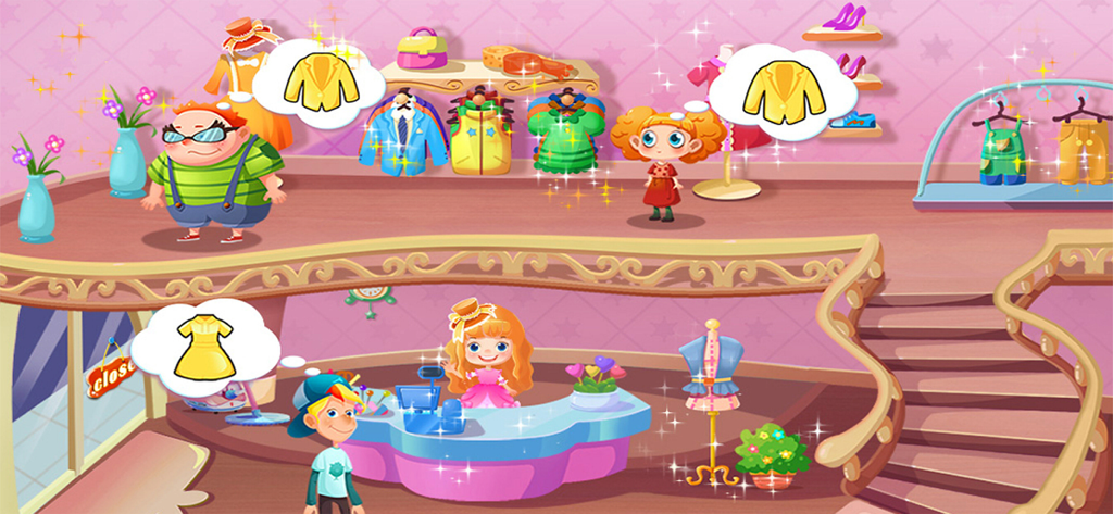 Little Fashion Tailor 2 - A colorful two story tailor shop with customers and clothing displays