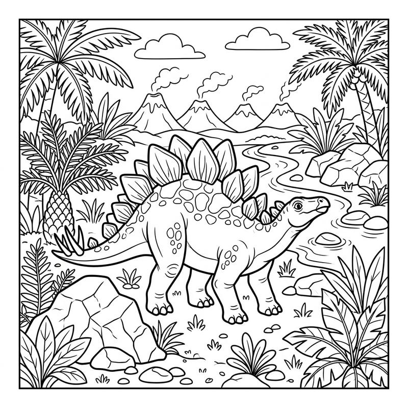 Bring the prehistoric world to life with this exciting Stegosaurus habitat coloring page, perfect for kids aged 4-8. Discover a magnificent Stegosaurus amidst an ancient landscape filled with volcanoes and lush plant life, ready for your creative touch.