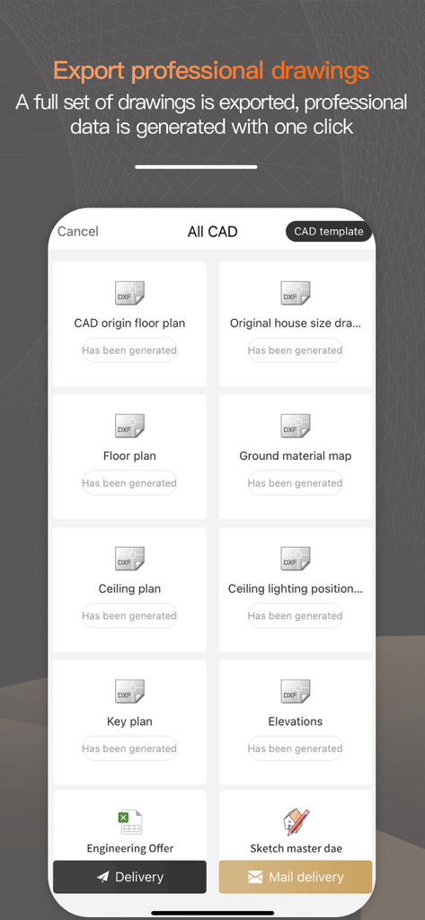 ZHouse app interface displaying options to export professional CAD drawings including floor plans and elevations