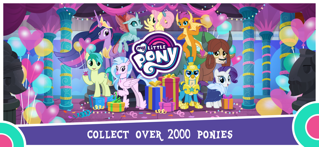 A group of diverse My Little Pony characters at a party with gifts and balloons