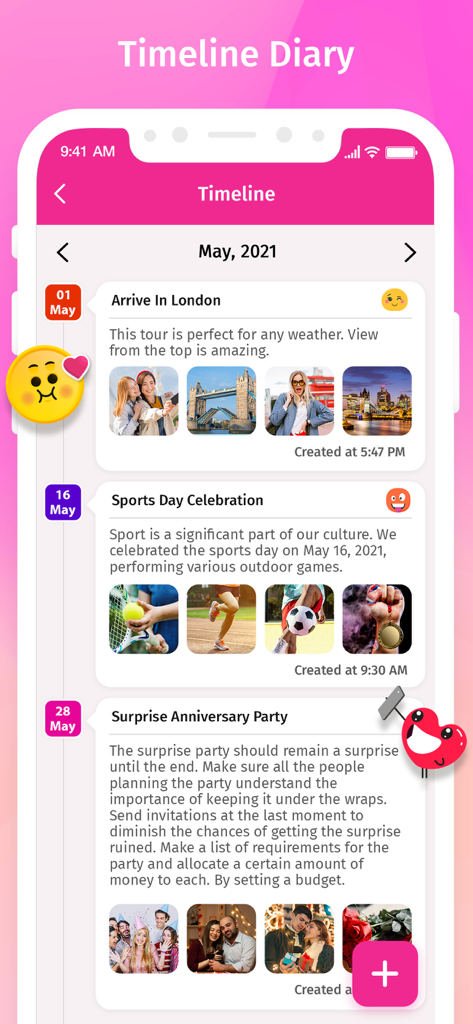 Secret Diary With Lock - A screenshot of the Secret Diary app showing a chronological timeline of journal entries with photos and mood emojis.