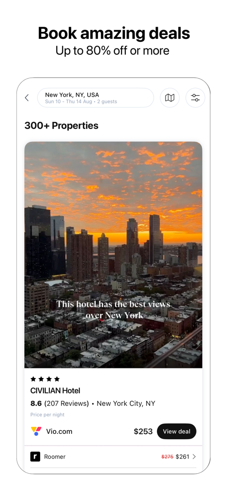 A screenshot of the Roomer travel app showing a hotel listing in New York City with a sunset skyline view.