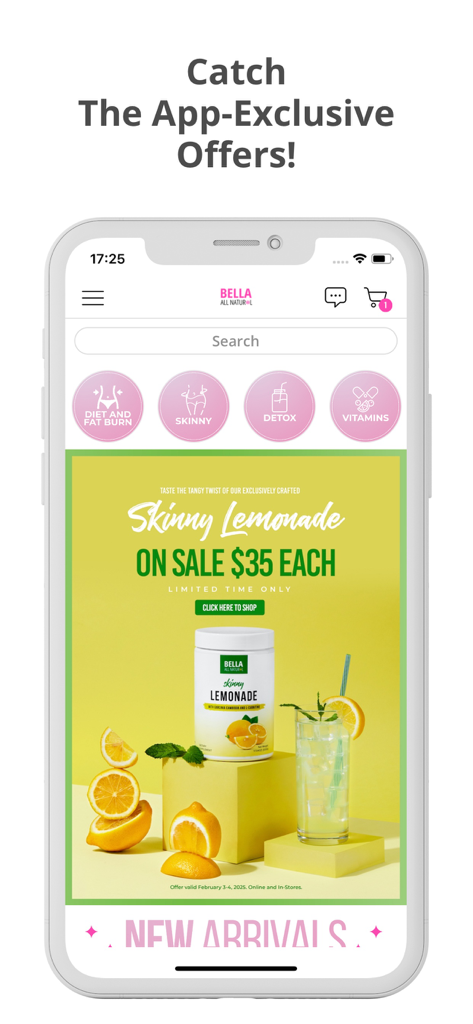 Bella All Natural - Bella All Natural mobile app interface showing a Skinny Lemonade sale banner and health supplement categories like detox and vitamins.