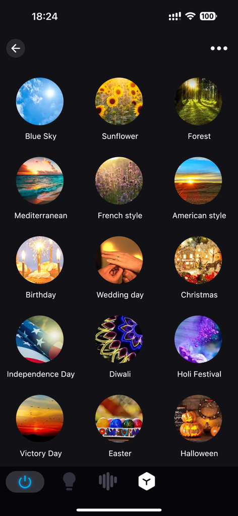 Briturn - Interface do aplicativo Briturn mostrando uma seleção de predefinições de cena de iluminação inteligente para feriados, natureza e ocasiões especiais