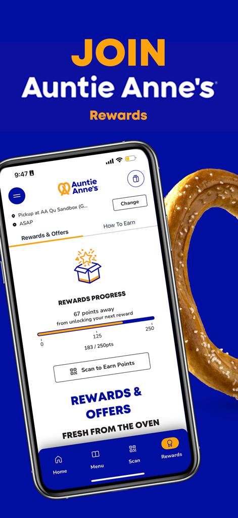 Auntie Anne's Rewards mobile app interface displaying points progress towards a free pretzel reward.