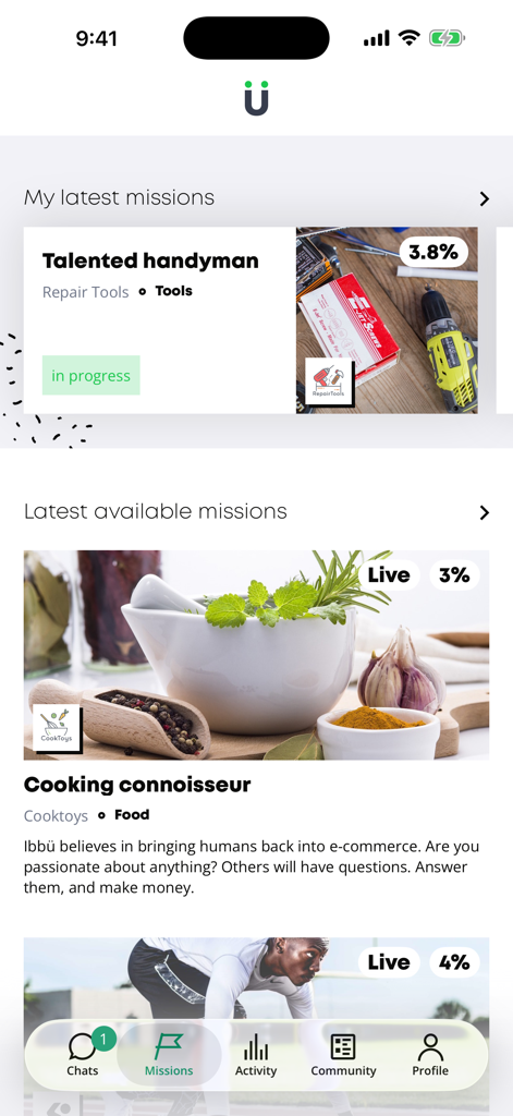 ibbü - Captura de pantalla de la app ibbu que muestra una lista de misiones disponibles para trabajadores independientes expertos