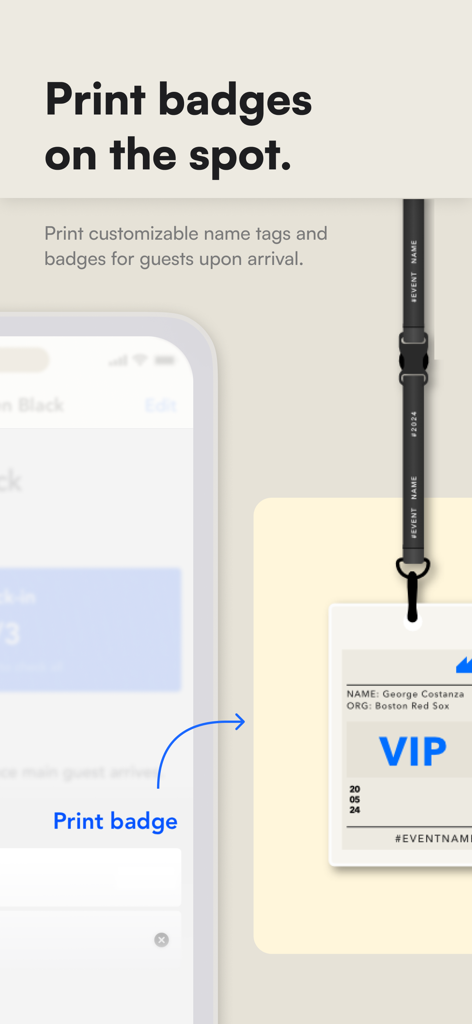 Guestlist: Guest List App - Interfaz de la aplicación Guestlist mostrando cómo imprimir credenciales VIP y tarjetas de identificación personalizables para invitados de eventos