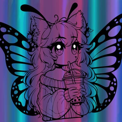 a realistic butterfly/furry girl drinking boba