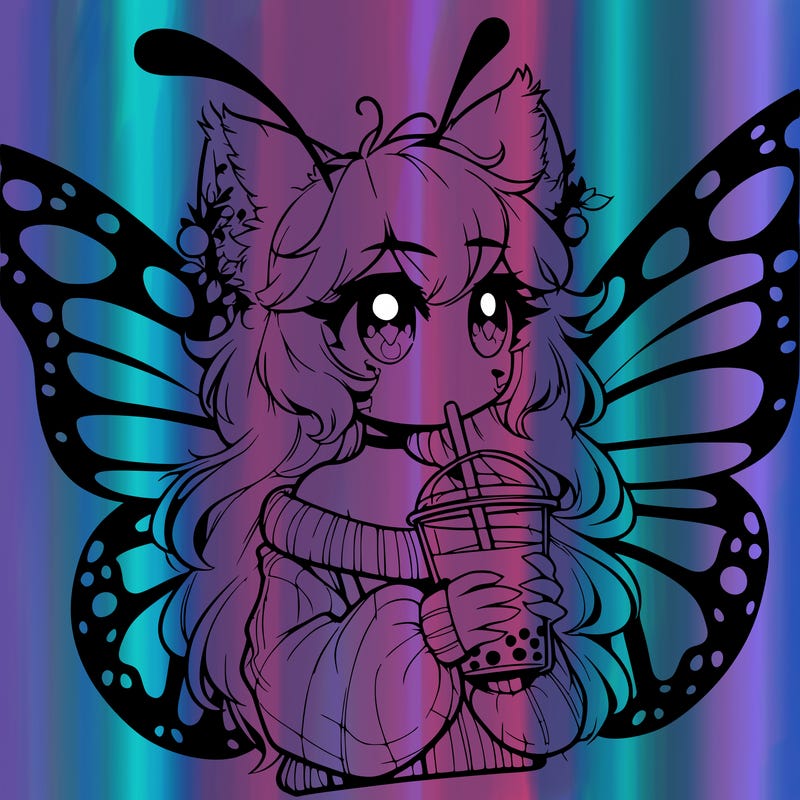 a realistic butterfly/furry girl drinking boba