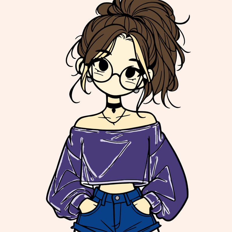 girl with a messy ponytail glasses a baggy crop top and jean shorts