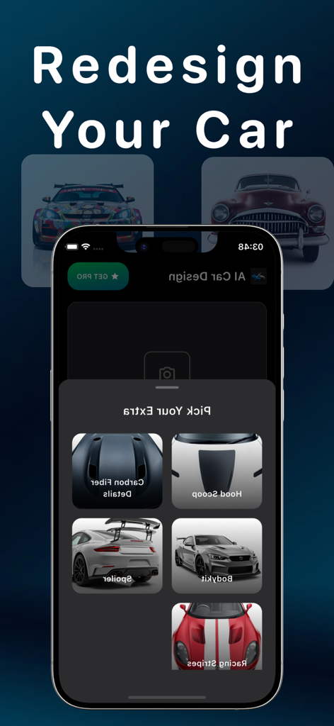 Un smartphone que muestra la aplicación AI Car Design con opciones para elegir modificaciones de coche como alerones y kits de carrocería.