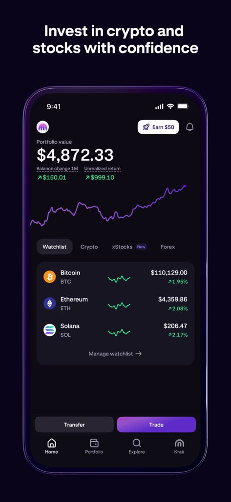 Tableau de bord de l'application Kraken montrant la valeur du portefeuille et une liste de surveillance des cryptomonnaies