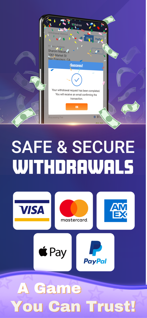 Real Bingo - Win Cash Prizes - Interfaz de la aplicación Bingo Real que muestra opciones seguras de retiro de efectivo con logotipos de Visa Mastercard y PayPal