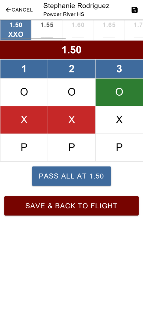 AthleticFIELD app interface for recording track and field high jump trial results