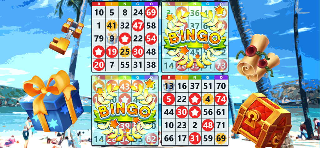 Bingo Treasure! - BINGO GAMES - Four bingo cards with winning patterns and reward items including a treasure chest and key on a beach background