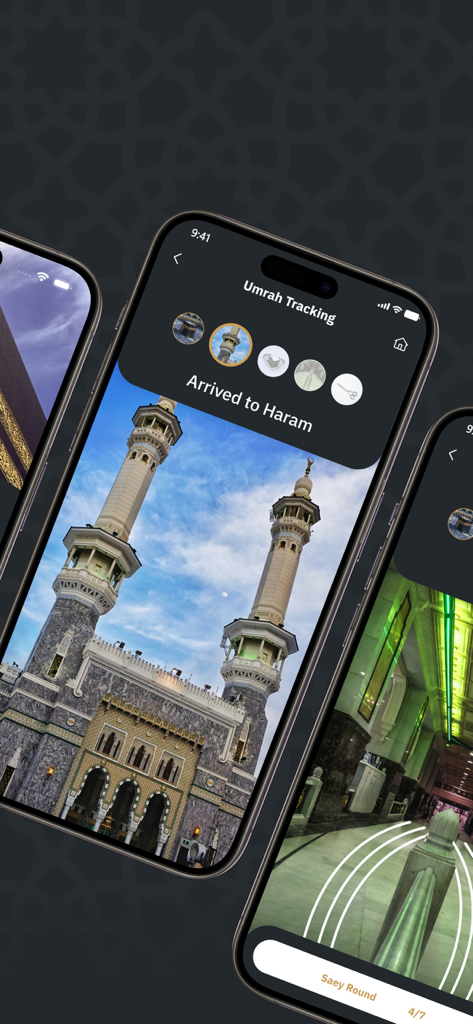 Tawkeel | توكيل - Pantalla de smartphone que muestra la función de rastreo de Umrah de la aplicación Tawkeel con vista de la Gran Mezquita de La Meca