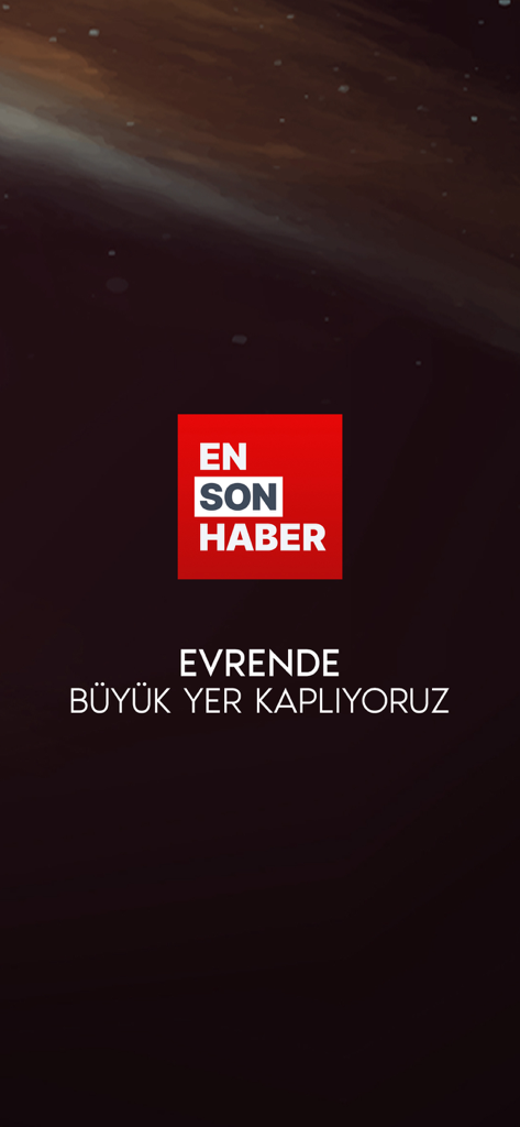 Ensonhaber news app splash screen with red logo and Turkish slogan on a space themed background