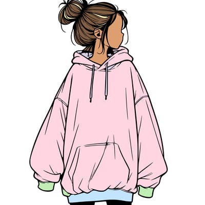realistic girl with a oversized sweatshirt on and a bun