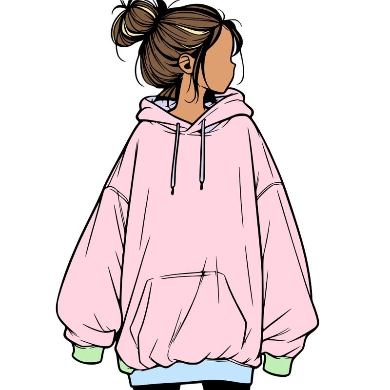 realistic girl with a oversized sweatshirt on and a bun