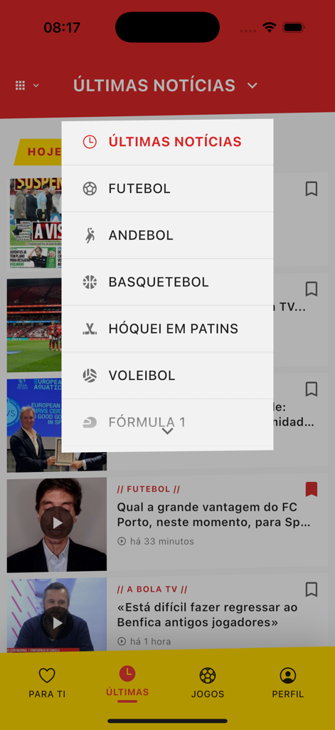 A BOLA - Interfaccia dell'app sportiva A BOLA che mostra un menu a discesa con categorie come calcio, basket e ultime notizie