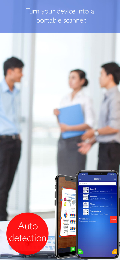 Scanner + pdf dосumеntѕ aрр - Scanner plus PDF app interface displaying auto edge detection and document management on two mobile phones