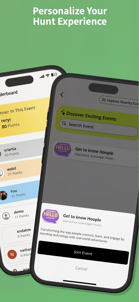 Hoople - Two mobile phone screens showing the Hoople app leaderboard and the event discovery page with a Join Event popup.